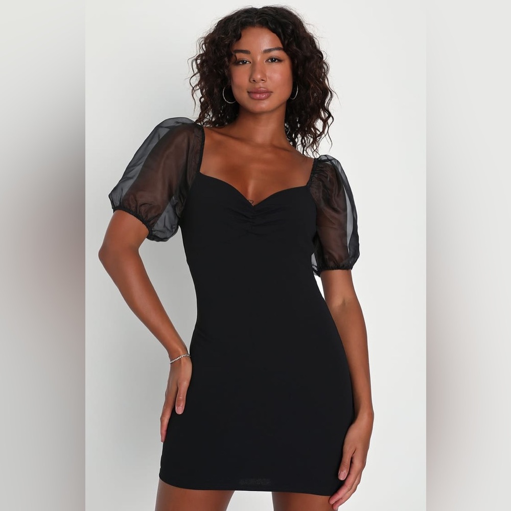 Lulus Always Captivating Black Puff Sleeve Bodycon Mini Dress